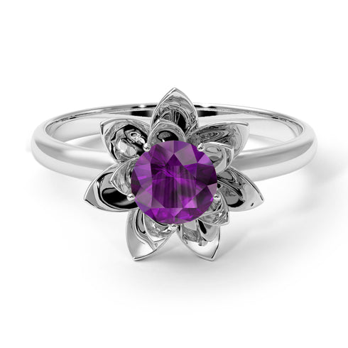 Lotus Flower Solitaire Amethyst Ring- Lotus no. 303