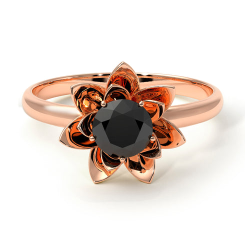 Lotus Flower Solitaire Black Diamond Ring - Lotus no. 8