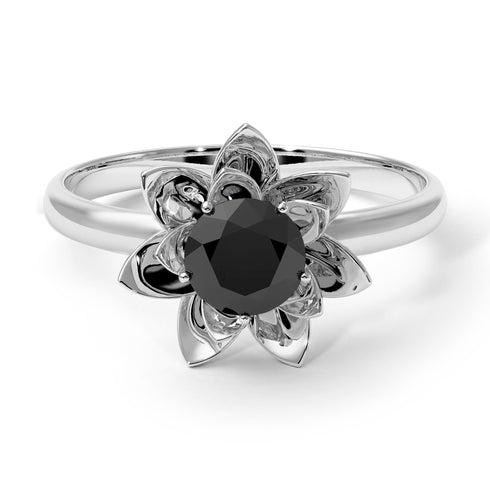 Lotus Flower Solitaire Black Diamond Ring - Lotus no. 9