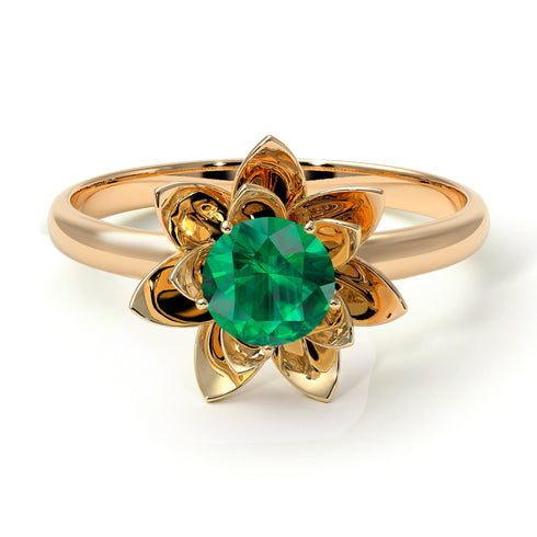 Lotus Flower Solitaire Emerald Ring - Lotus no. 4