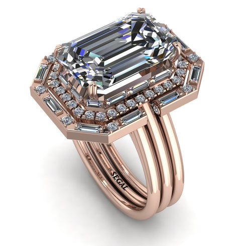 Halo Emerald Cut diamond Bridal Set With Hidden Diamonds - Rowan No. 2