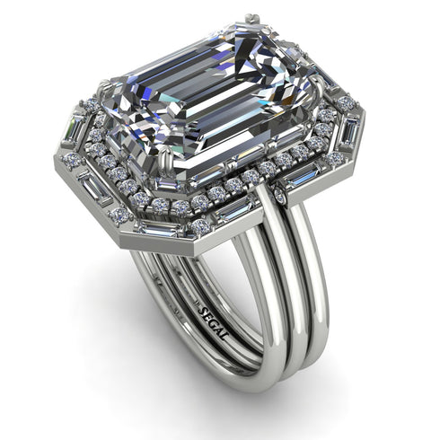 Halo Emerald Cut diamond Bridal Set With Hidden Diamonds - Rowan No. 3