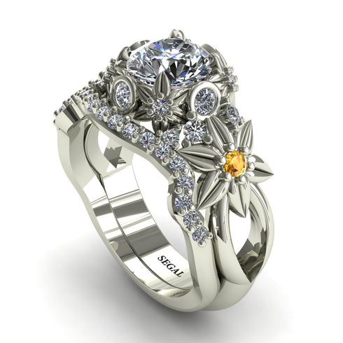 Yellow Sapphire Flowers And Branches Bridal Set Diamond Ring - Katherine no. 4