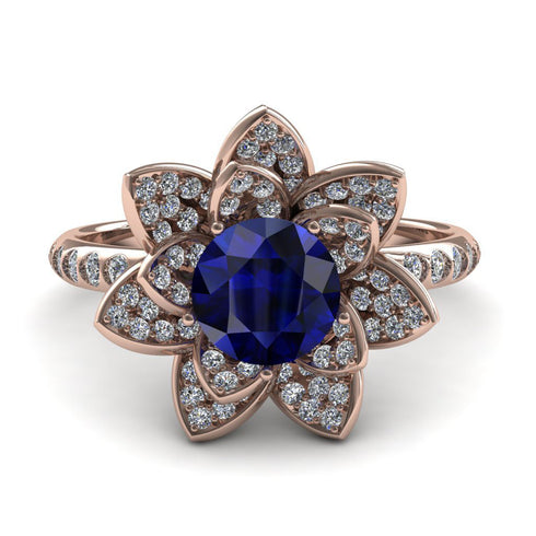 Lotus Sapphire Rose Gold Diamond Flower Ring - Princess Lotus no. 12