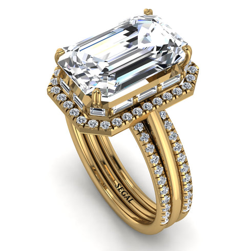 Bridal Set Halo Emerald Cut Diamond Ring With Hidden Diamonds - Rowan No. 1